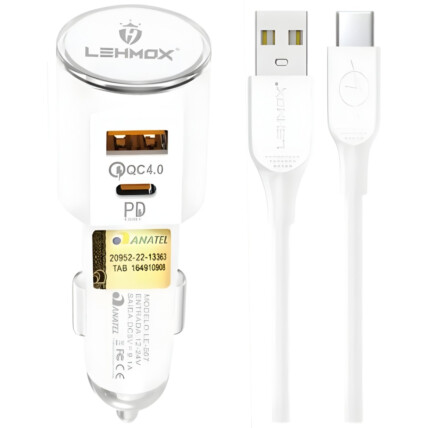 Carregador De Celular Veicular Usb + Type-C PD com Cabo 1 Metro LEHMOX - LE-355 TYPEC