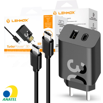 Carregador de Celular Turbo 45W PD USB com Cabo Type-C 1M LEHMOX - LE-405 A+C